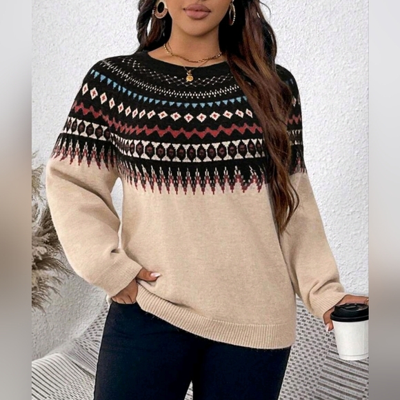 Sweaters - New Fair Isle Knit Sweater Top Pullover PLUS Cream Black Blue